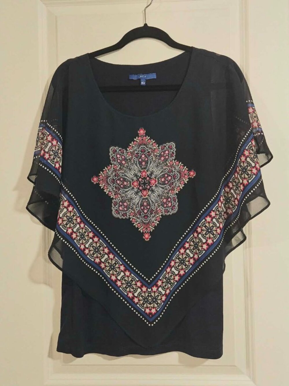 Apt. 9 Navy Medallion Poncho Sleeve Blouse Boho Flutter Sleeve Top Large